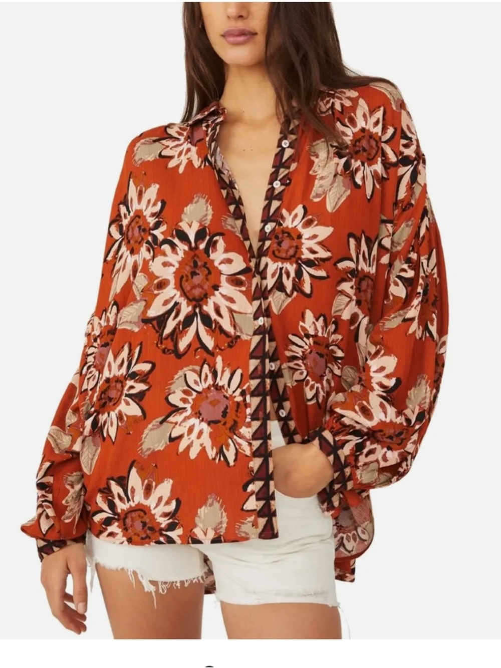 Free People Rust Floral Western Boho Peasant Blouse Sunflower Festival Size L